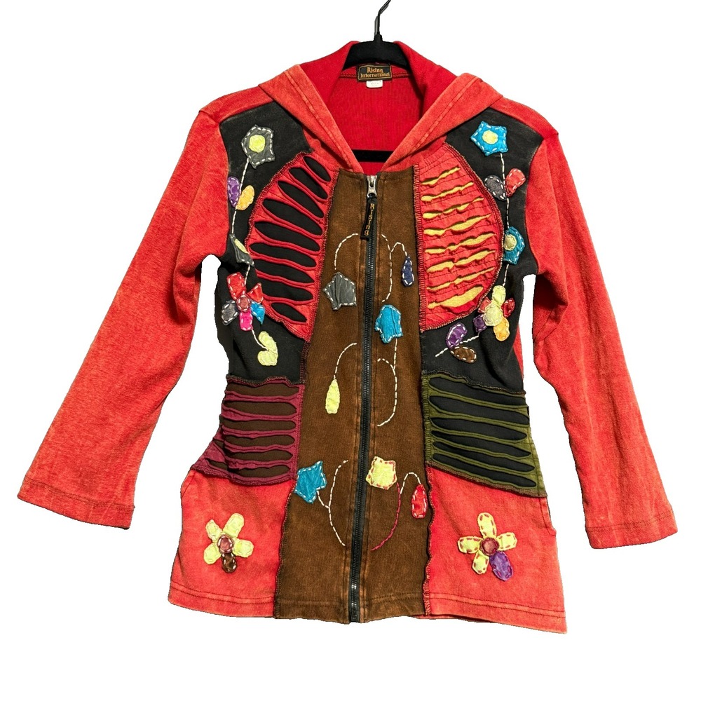 Rising International Boho Patchwork Hoodie Jacket Medium Hippie Fairy Core Art